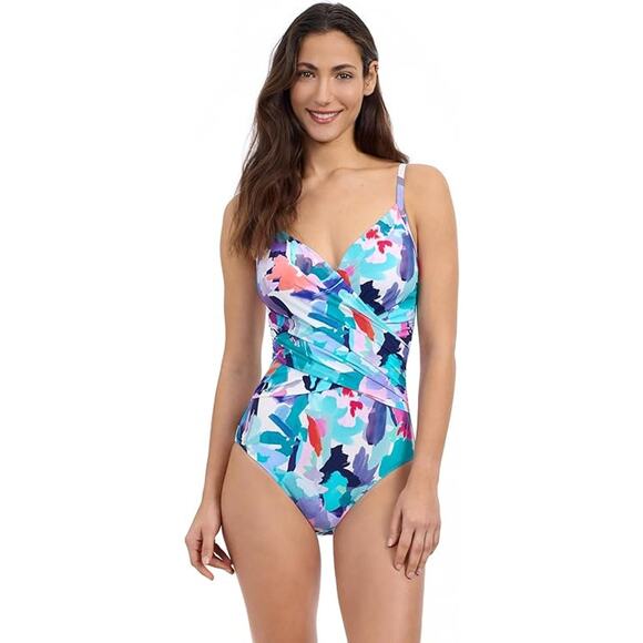 Profile By Gottex Women's 16 Blue Holi V-Neck Surplice One Piece Swimsuit G32-9 - Picture 1 of 11